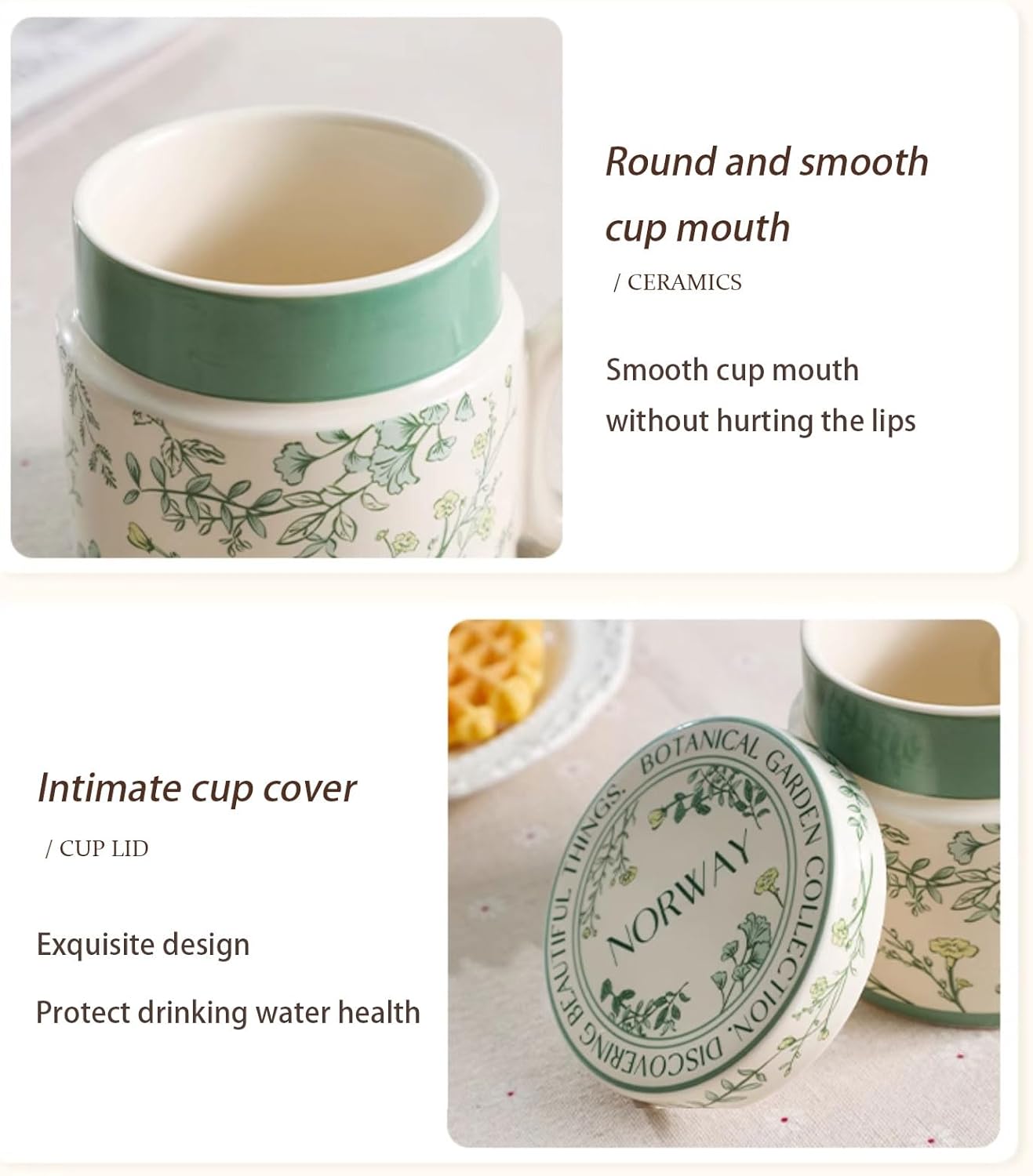 12.9oz Ceramic Coffee Mug with Lid,Flower Patterned Porcelain Mug,Ceramic Tea Cup Coffee Latte Mug for Office and Home,Green,1 Piece - Image 3