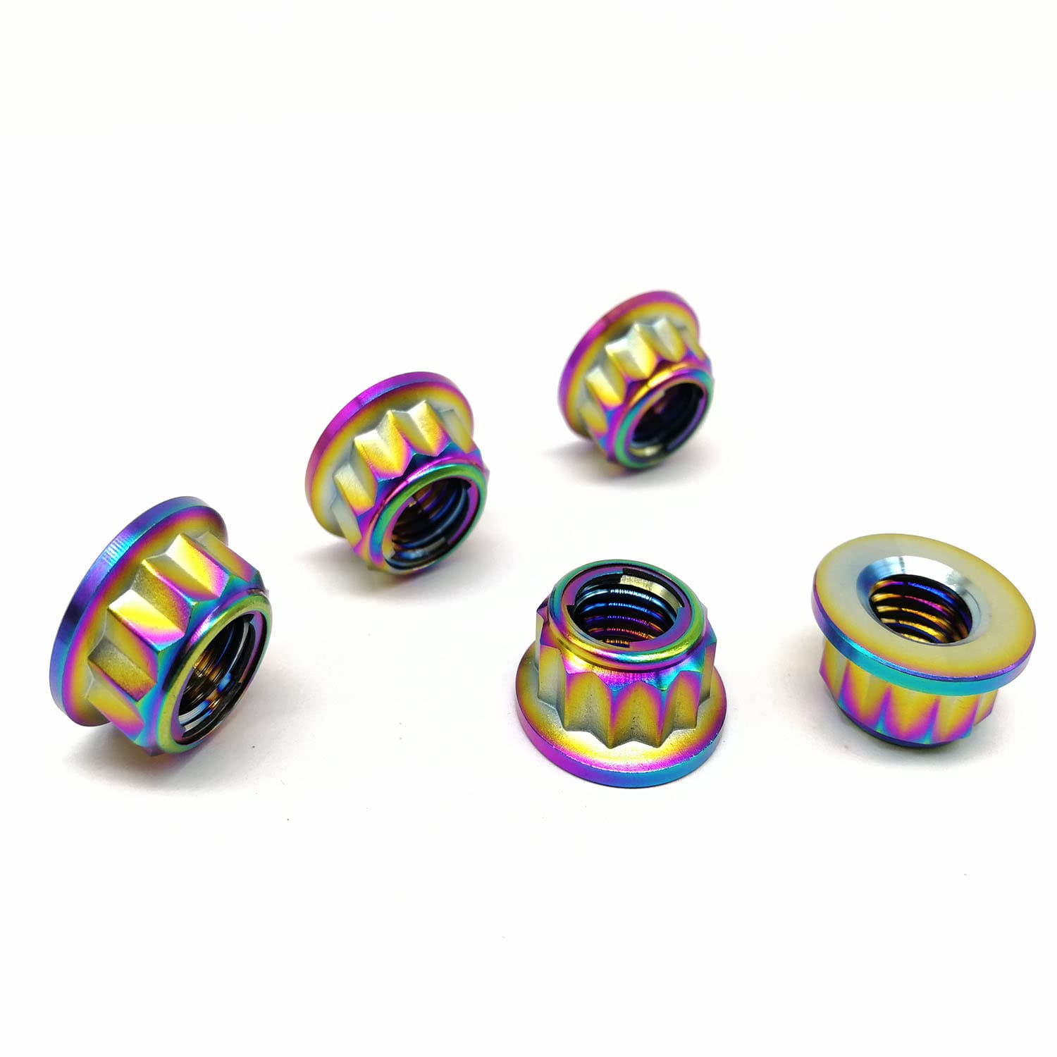 RISON-Titanium Tuerca de Titanio M6 M8 M10, Tuerca de Brida Bihexagonal 12PT, Tuerca de Bloqueo con Reborde Contratuerca de de Piñón de Motocicleta, Tuerca de Seguridad Autoblocante, 5 Unidades