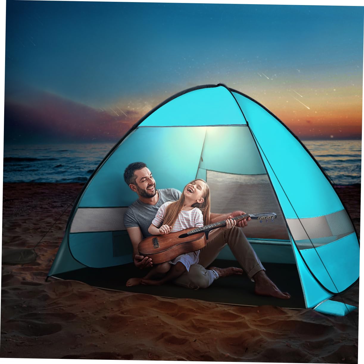 Tente de Plage Pop Up Automatique Bleue Abri Portable UV UPF avec Ventilation Sacs Piquets Renforcés pour Camping et Randonnée