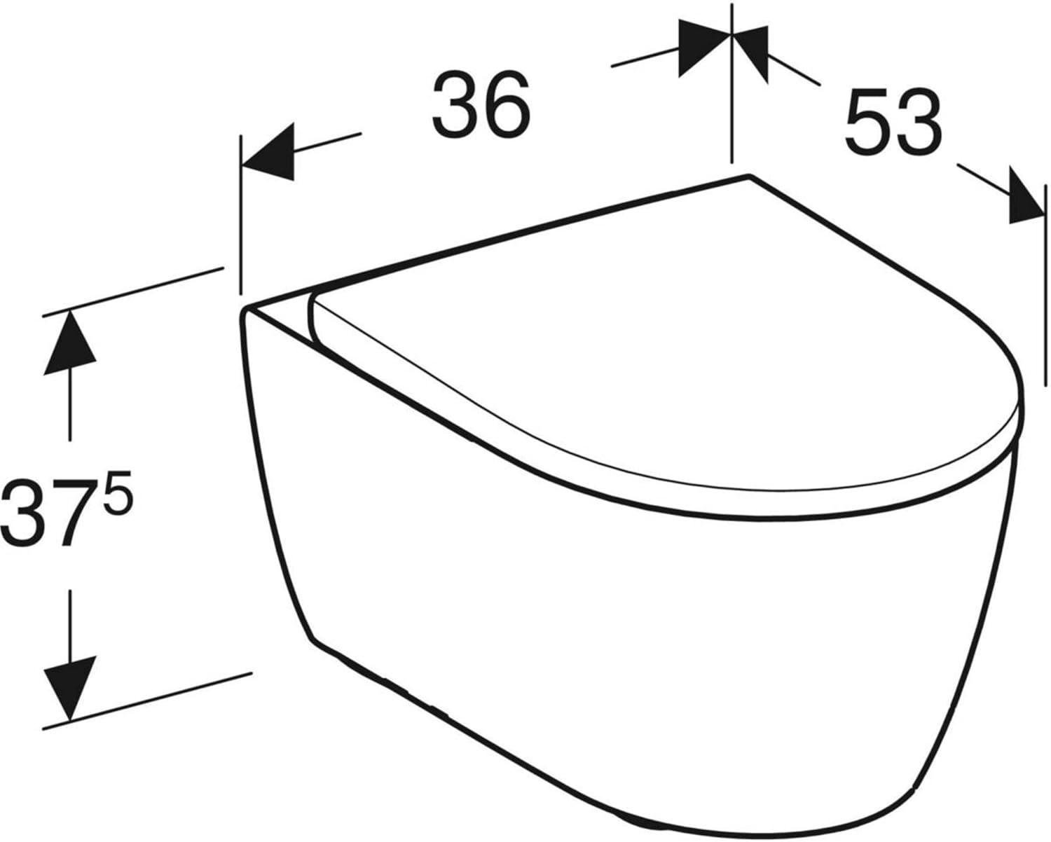 Angled perspective with overall dimensions of Geberit iCon toilet