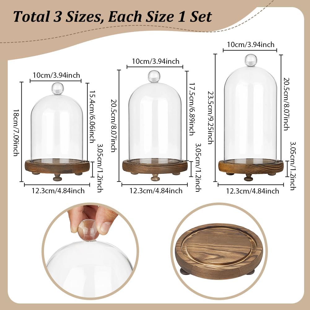 PH PandaHall Set of 3 Glass Dome Cloche with Wooden Base Brown Vintage Bell Jar Hurricane Candle Holder Clear Cloche Glass Dome for Home Decor Wedding Centerpiece Party Display, Dia 4"xH 7" 8" 9.2"