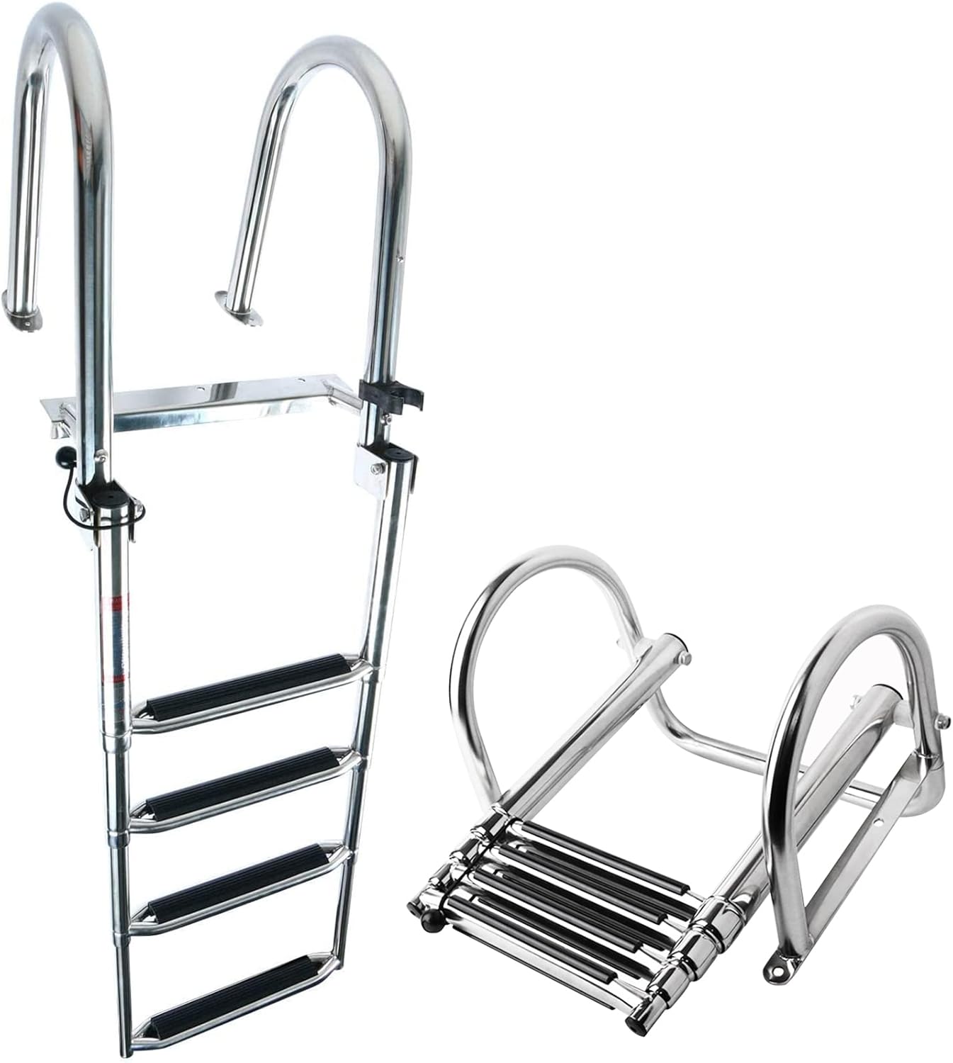 Folding 4 Step Pontoon Boat Ladder, Stainless Steel Telescoping Rear Entry Inboard Ladder Heavy Duty Swim Deck Ladder with Pedal, Hand Railing Ladder Dock Ladder Extra Wide Step