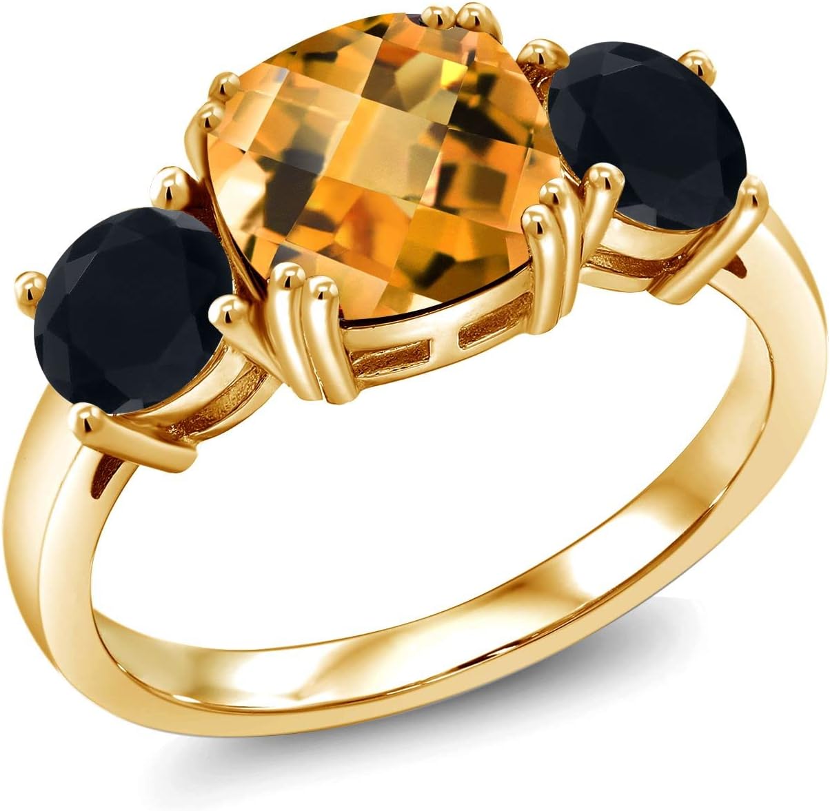 Gem Stone King 18K Yellow Gold Plated Silver Yellow Citrine and Black Onyx 3 Stone Engagement Ring For Women (4.10 Cttw, Gemstone November Birthstone, Cushion Checkerboard 8MM)
