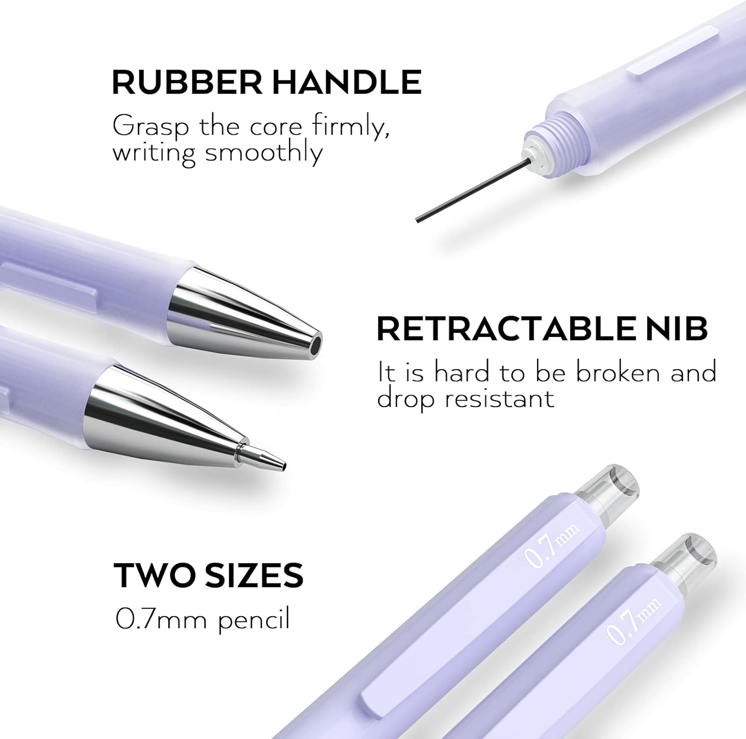 Nicpro 3 PCS Pastel Mechanical Pencil 0.7 mm for School, with 6 tubes HB Lead Refills, Erasers, Eraser Refills For Student Writing, Drawing, Sketching, Blue & Pink & violet Colors - Come with Case