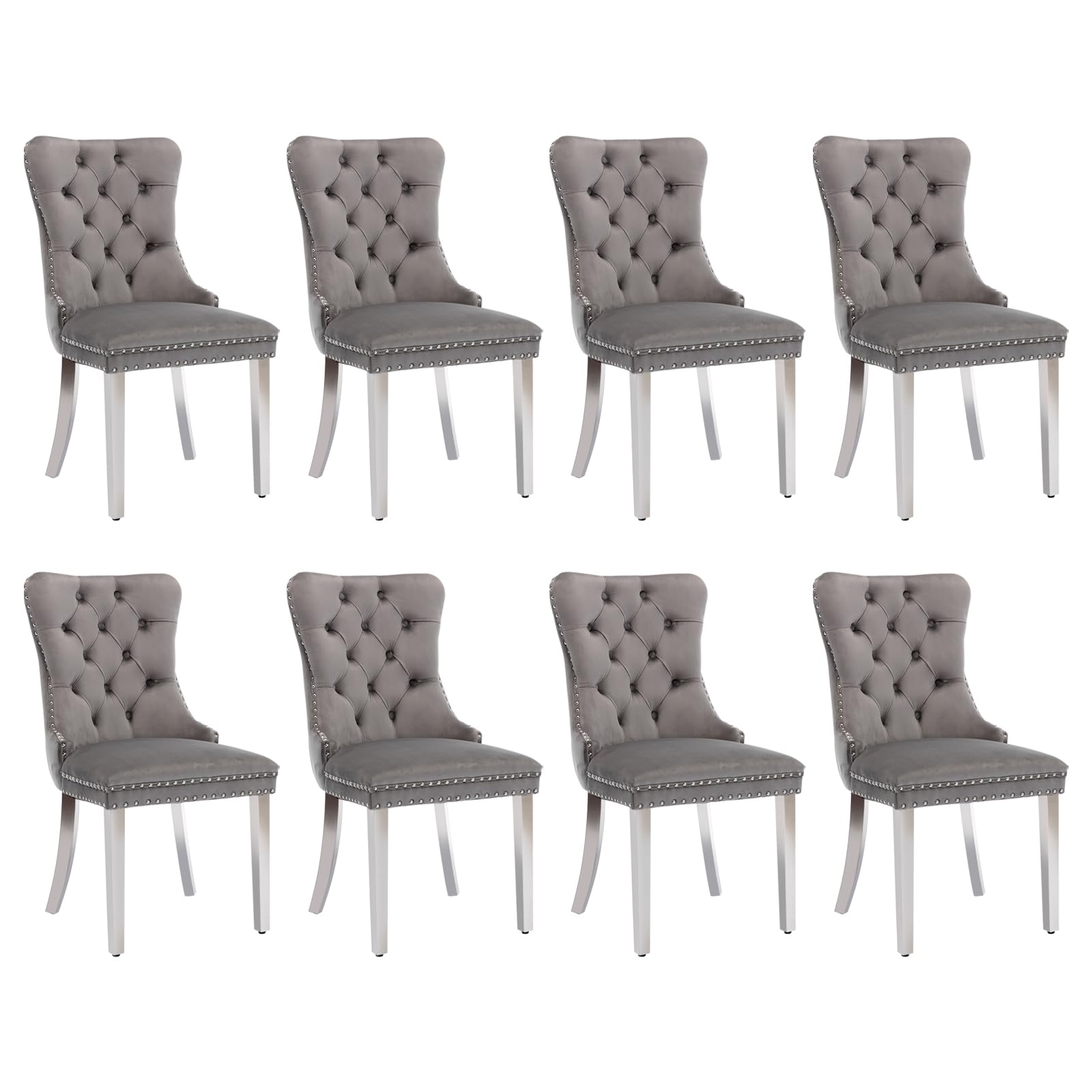 SoarFlash Velvet Dining Chair Set of 8, Upholstered Tufted Dining Room Chair with Nailhead Trim and Solid Silver Plated Leg for Kitchen (Grey)