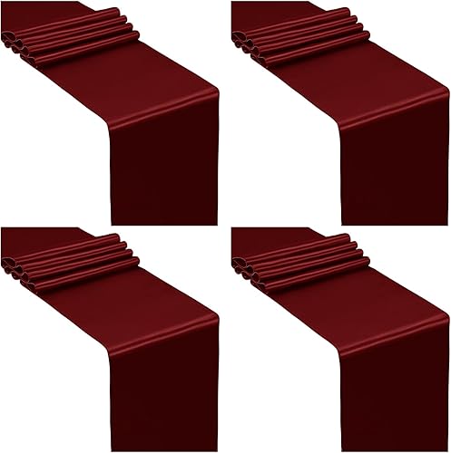 SiinvdaBZX 4 caminos de mesa de satén burdeos de 12 x 108 pulgadas de largo, decoración de camino de mesa de boda de satén liso brillante para