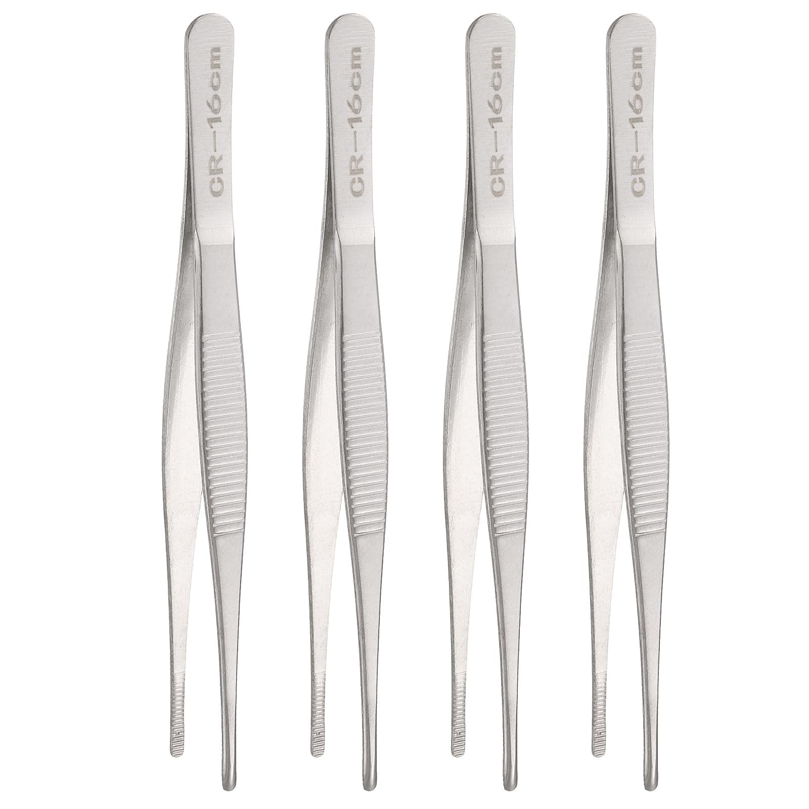HARFINGTON 4 pinzas de acero inoxidable de 6.3 pulgadas de largo, pinzas de punta dentada recta, pinzas de cocina multiusos para cocinar, jardinería, reparación de manualidades, color plateado