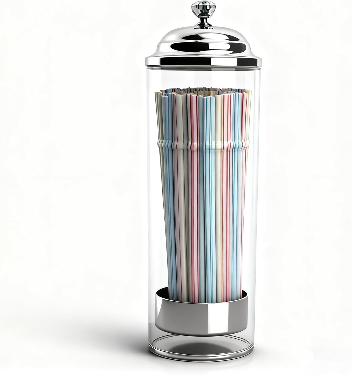 Vintage Glass Straw Holder Dispenser with Stainless Steel Lift Top, Retro Soda Fountain Style Straw Container for Kitchen Counter, Coffee Bar & Party, Includes 100 Straws