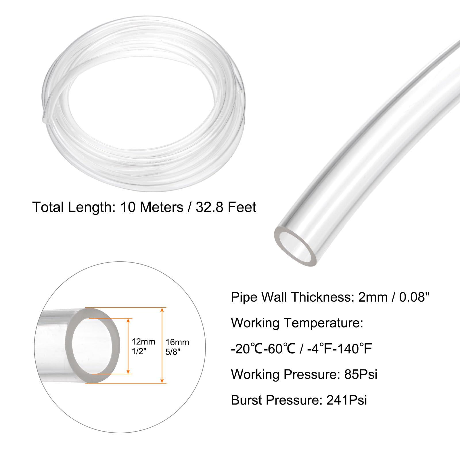 sourcing map Pneumatischer Schlauch, PU-Schlauch, 16 mm Außendurchmesser x 12 mm Innendurchmesser, 10 m, Luftkompressor, Polyurethan, Leitungsschlauch für Luftkompressor,