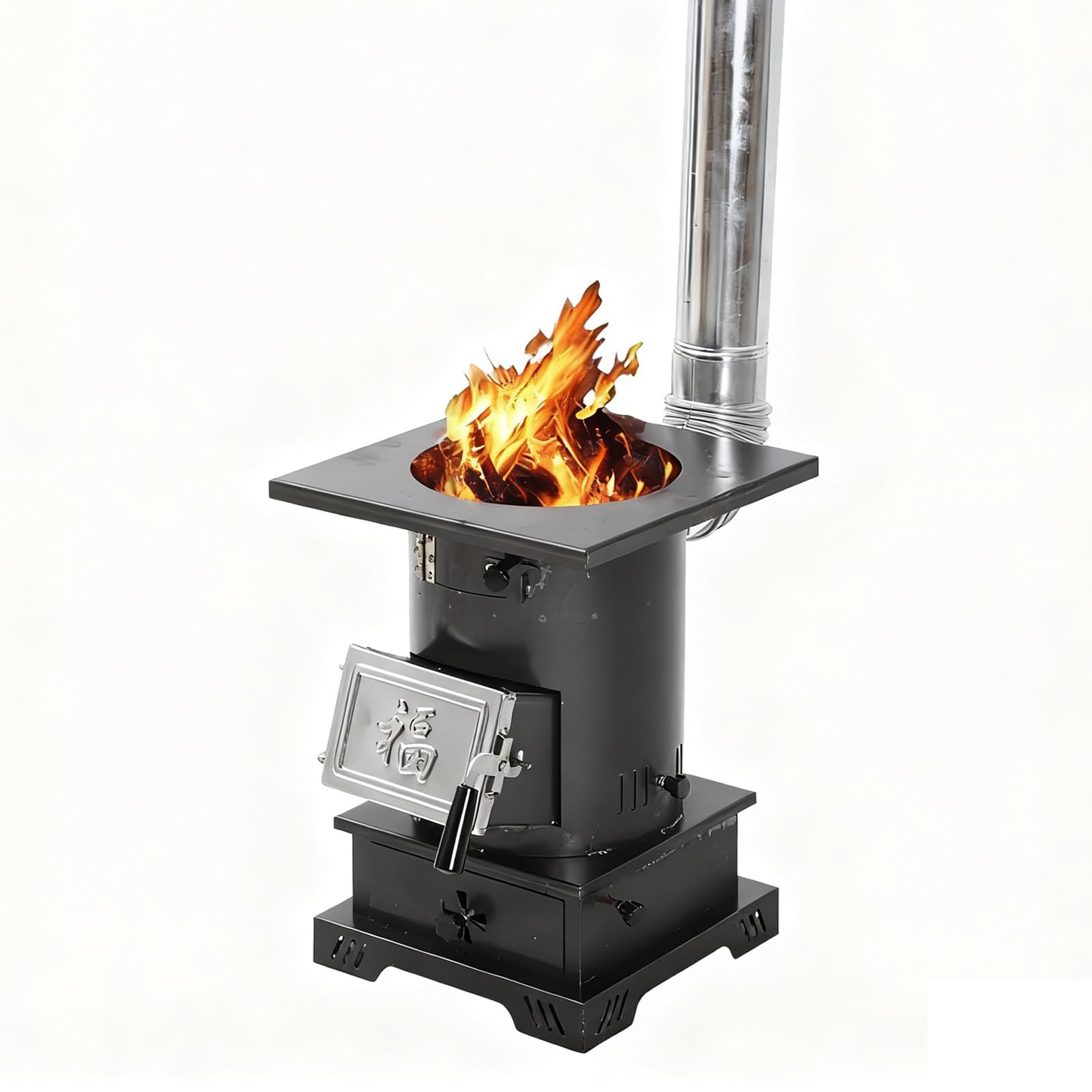 Stufa a Legna Senza Fumo per Campeggio Fornello da Campeggio Portatile a Legna Struttura in Acciaio Spesso con Canne Fumarie, Ideale per Chalet e Vita Fuori Rete