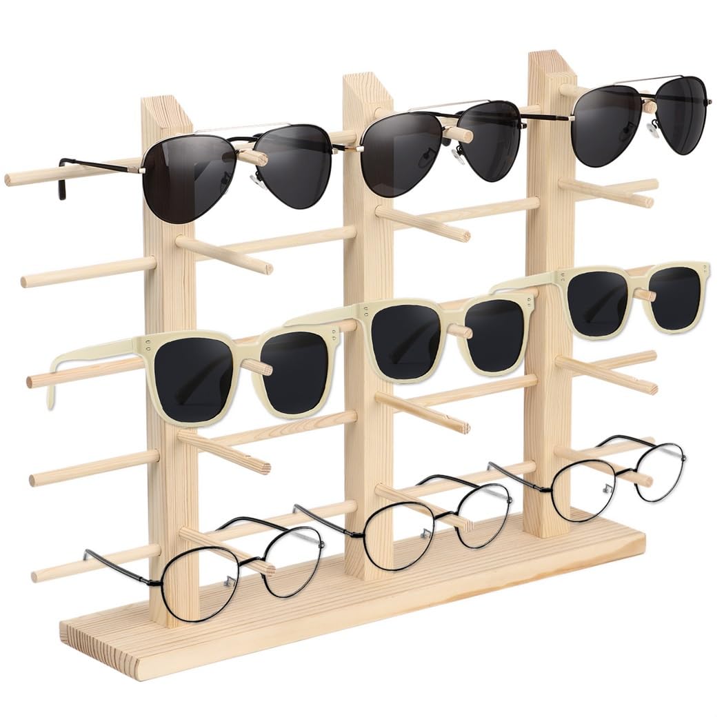 50 x 15 x 14,4 cala, piętnaście par drewnianych okularów przeciwsłonecznych, drewniany stojak na okulary przeciwsłoneczne, ramka organizer na okulary, 5-poziomowy stojak na okulary do domu