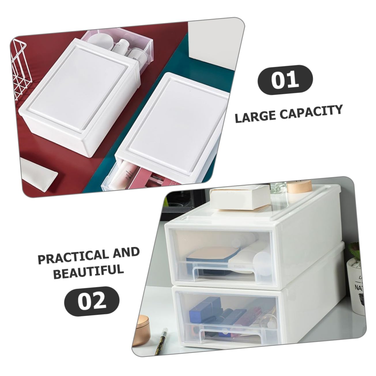 Organisateur de Bureau à 3 Tiroirs Empilables en PP, Boîte de Rangement Multi-Usages Grosse Capacité pour Maquillage et Accessoires de Bureau