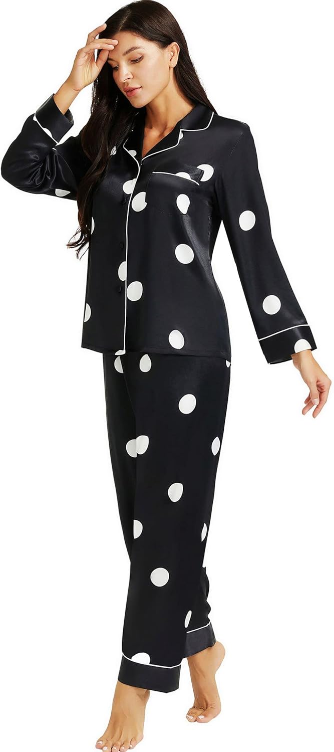 Lonxu Womens Satin Pajama Set Button Down Sleepwear Long Pj XS-3XL