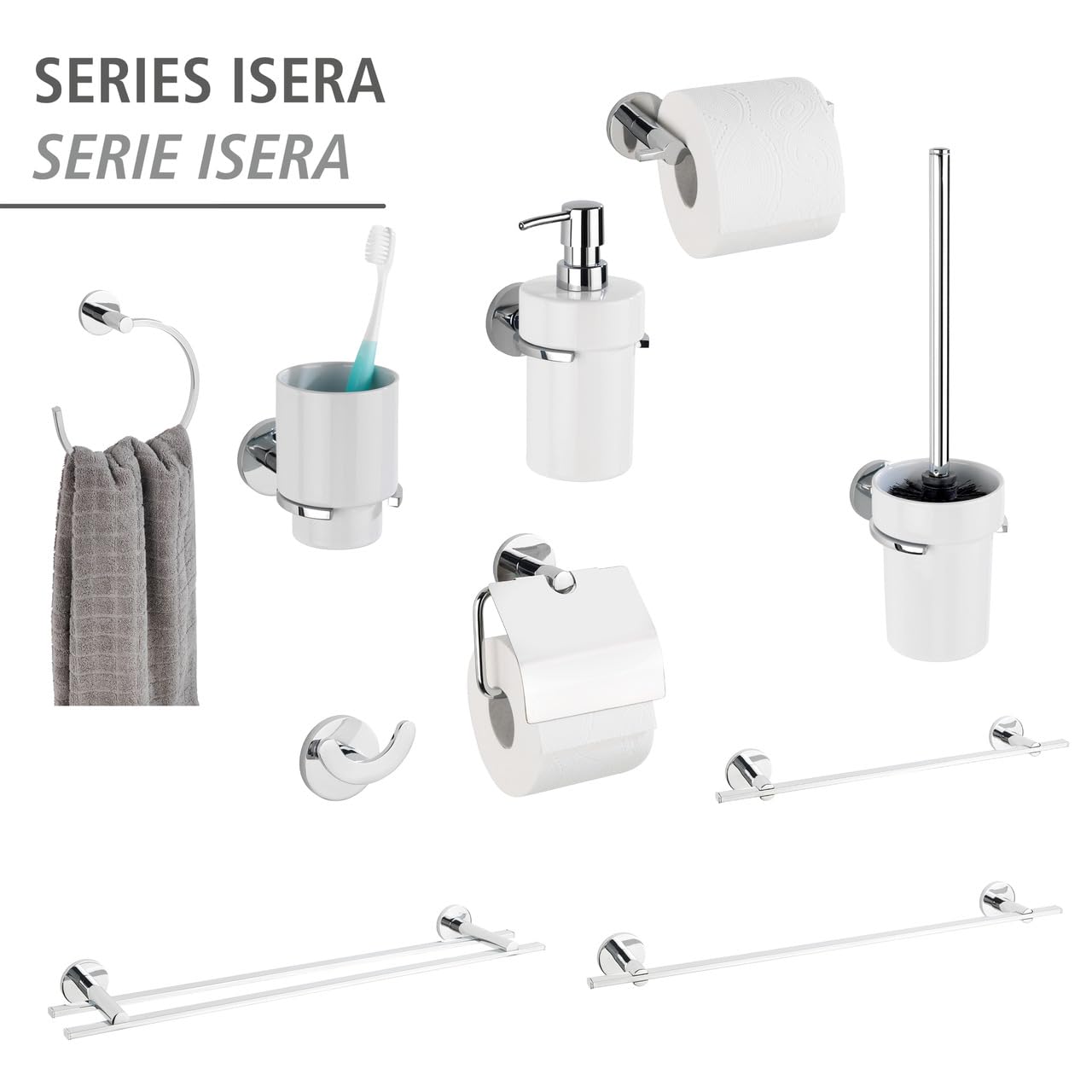 WENKO UV-oc - Dispenser di sapone Isera, ricaricabile, 360 ml, dispenser in ceramica per fissaggio senza foratura, con innovativo sistema adesivo, supporto in tubo quadrato e zinco pressofuso,