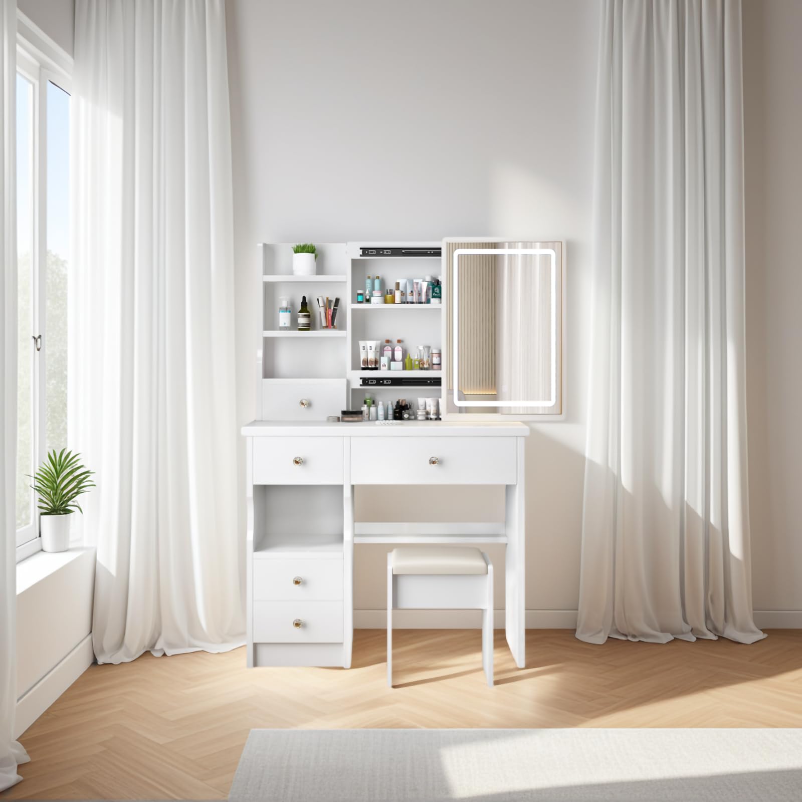 YuYe - Tavolo da toeletta con illuminazione LED, specchio con luminosità regolabile, tavolo da toeletta con sgabello, tavolo da trucco con 5 cassetti e 3 ripiani, moderno tavolo da trucco in legno