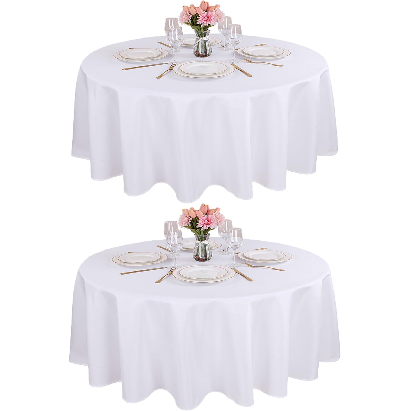 Photo 1 of Kesfey 90 Inch Round Table Cloths White 2 Packs Stain and Wrinkle Polyester Tablecloths Washable High Density Tablecovers Fabric Table Covers for Wedding Celebration Buffet Camping Banquet Parties