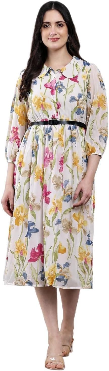 Women’s Floral Printed Midi Dress | Elegant Fit & Flare Dress with Belt | 3/4 Sleeve Casual Georgette Dress