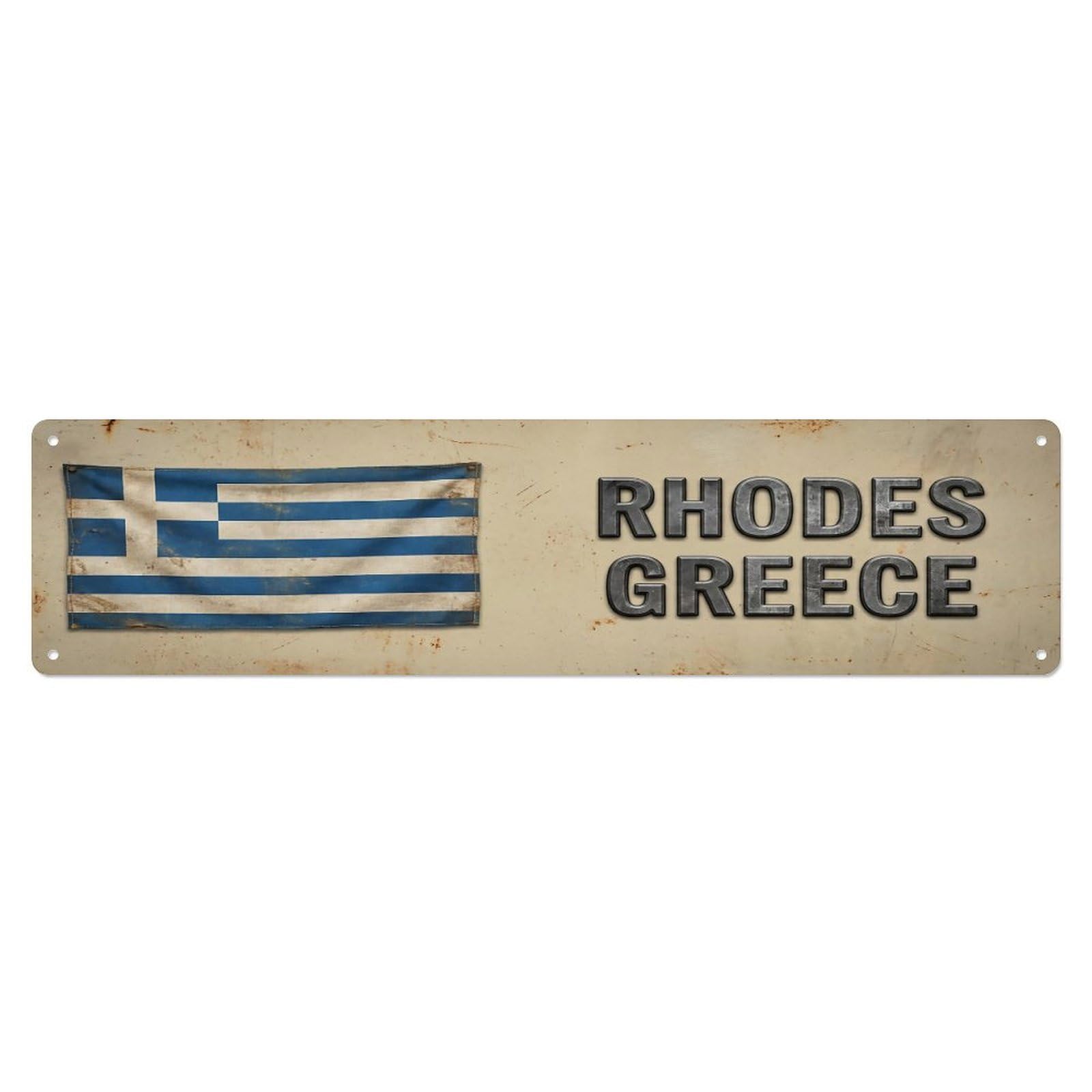 Vintage Rhodes Greece Flag Decor Rustic Travel Metal Tin Sign