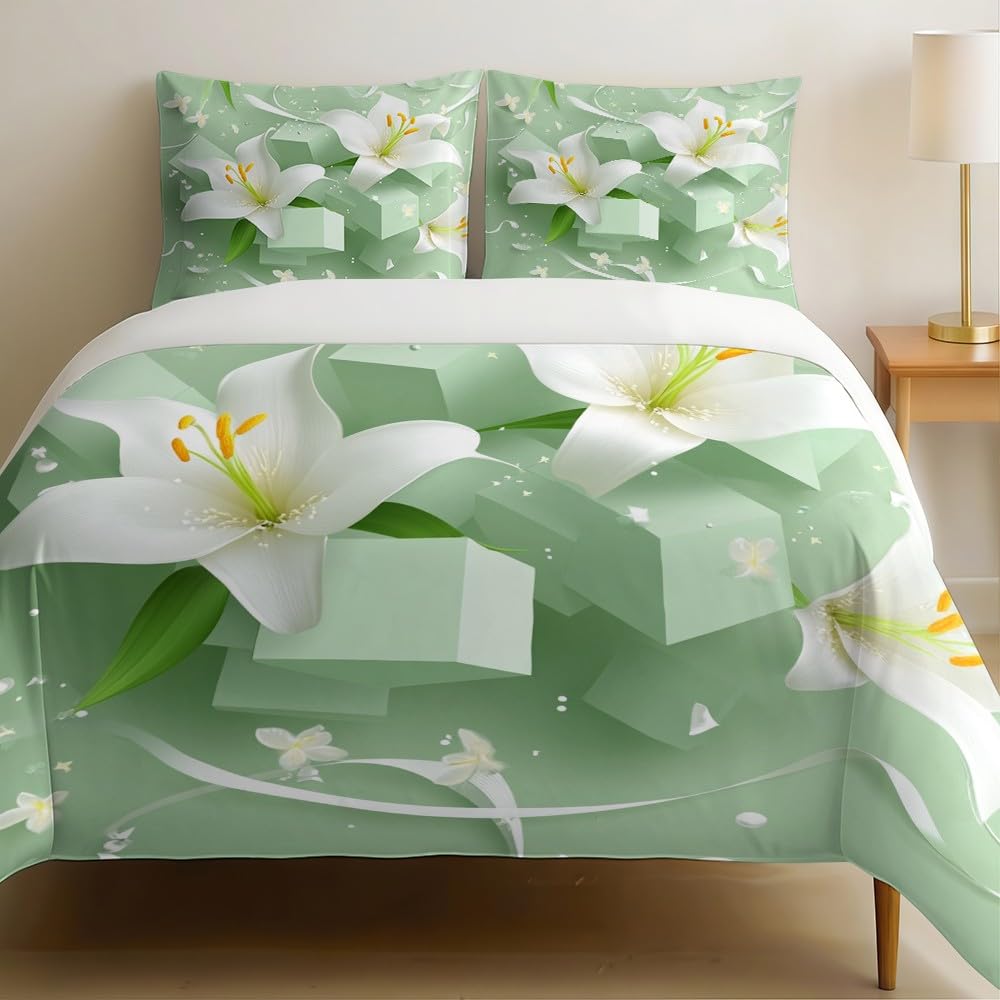 Housse de couette 200x200 cm motif lys abstrait parure de lit chic microfibre douce