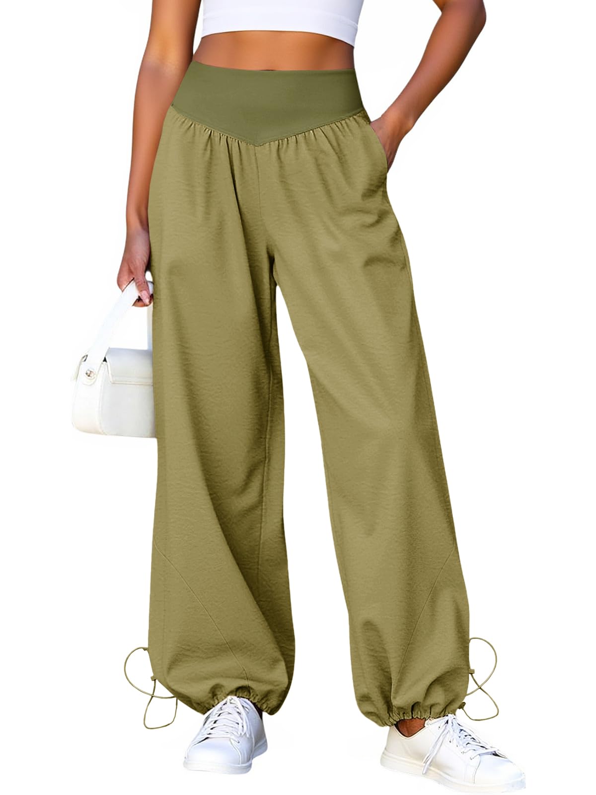 Fisoew Damen Hose mit weitem Bein Lässige Baggy Trainingshose mit hoher Taille Lounge Hose mit Taschen und Kordelzug am Saum