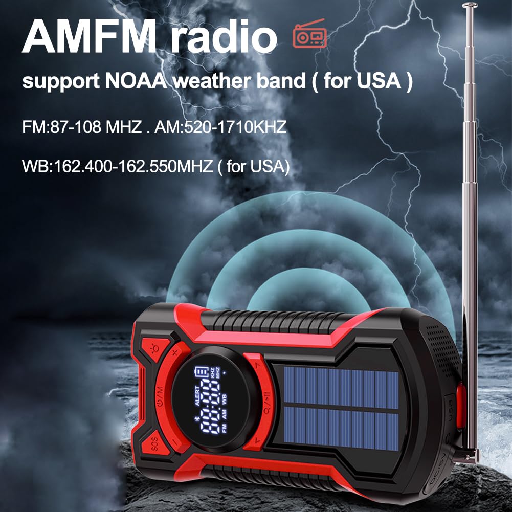Juchrzeey Solar wielopasmowe Wodoodporne radio Wodoodporne ręczne korba przenośna awaryjna Radio 5000MAH -Compatible5.3 LED LED LED LED LIDY SOS dla przetrwania na zewnątrz (czerwony)
