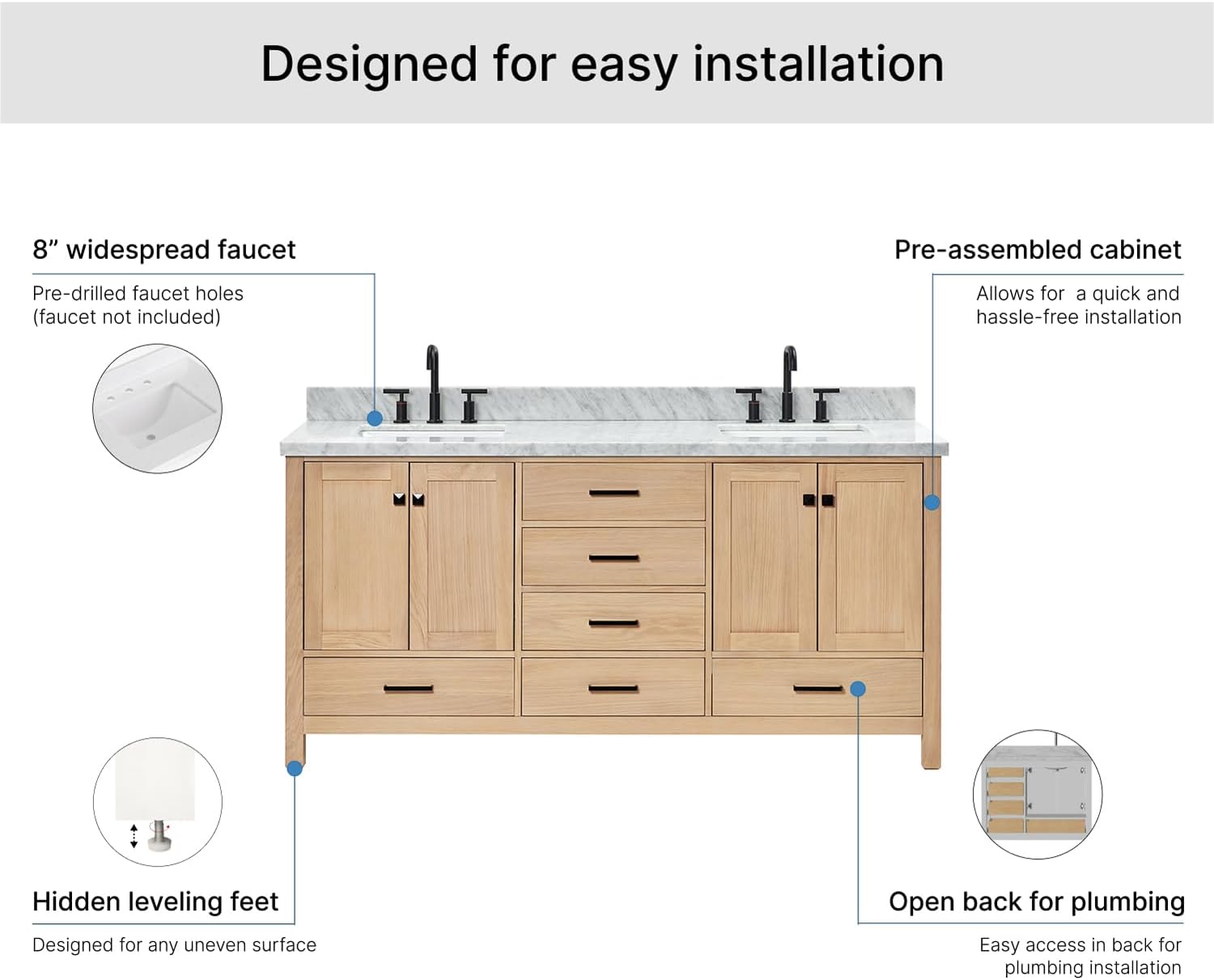 ARIEL Cambridge 72-inch Bathroom Vanity with Sink,Solid Wood, 1.5-inch Italian Carrara Marble Countertop, Double Rectangular Porcelain Sink, 4 Soft Closing Doors, 6 Dovetail Drawers, White Oak