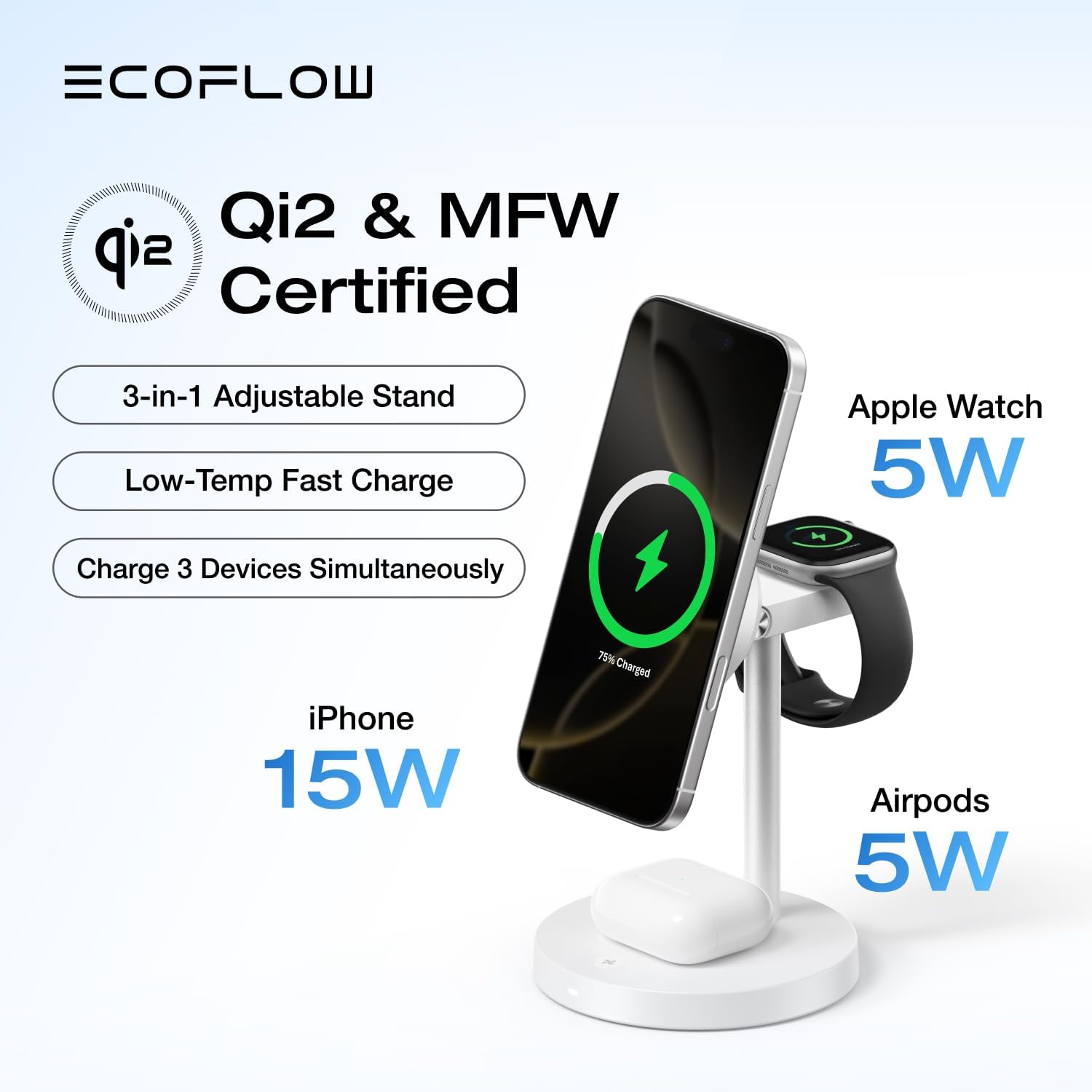 EF ECOFLOW 3-in-1 Charging Station, Rapid Mag Charging Stand, Qi2 Certified 15W Magnetic Wireless Charger Dock, for iPhone17/16, Apple Watch, AirPods (30W Adapter Included)