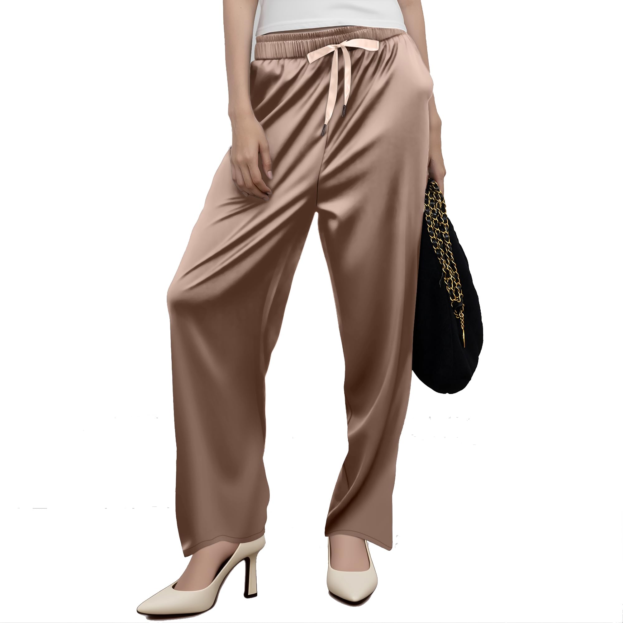 LWQ ROSE Womens Silky Wide-Leg Pants Lightweight Satin Straight High Waist Straight Trousers with Pockets 2025 Daily Casual