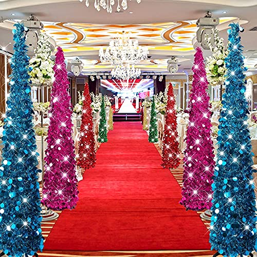 Joy-Leo 5Ft Blue Sparkly Pop Up Sequin Christmas Tree - Reflective Colors Tinsel, Save Your Space And Time (Set Up In 5 Minutes), Collapsible Small Tabletop Artificial Xmas Tree, Skinny Pencil Tree #TOP6