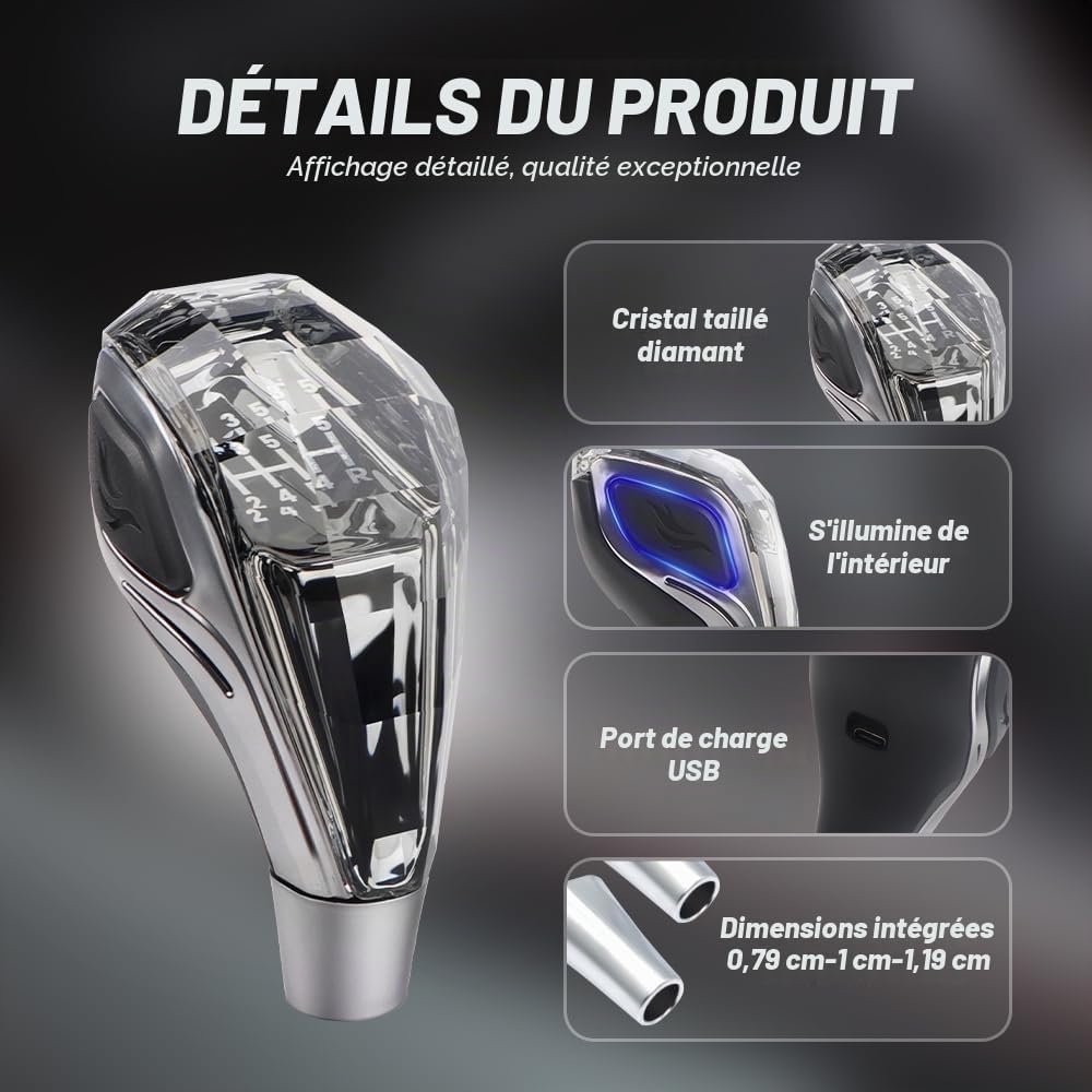 Universel Pommeau de Levier de Vitesse, 5 Vitesses Leviers de Vitesses Manuels Sans Boutons Cristal 7 Couleurs Haut&Côté Activé par le Toucher Éclairage LED
