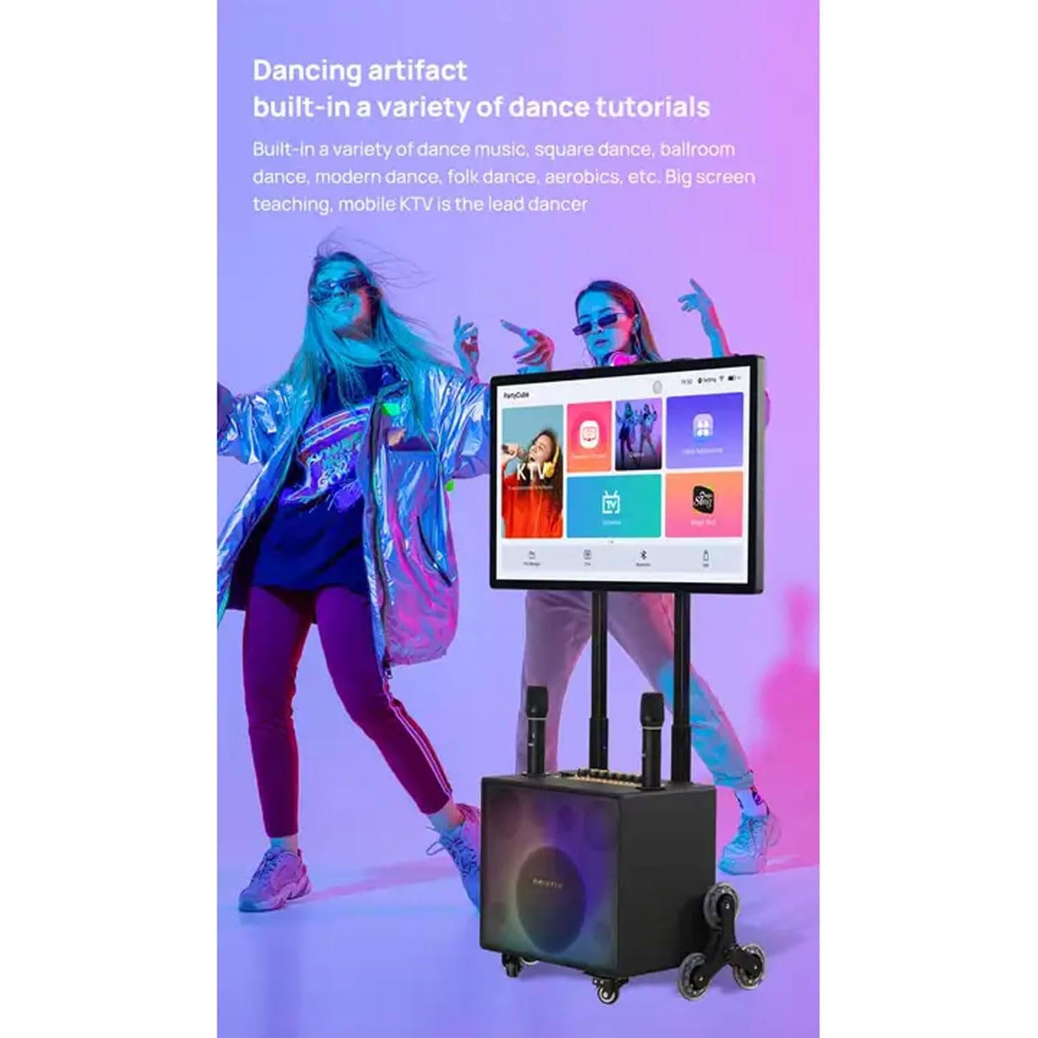 Karaoke Bluetooth Portatile, Sistema Ktv Bluetooth Touch Screen Da 32" Con 2 Microfoni Wireless, Luce Colorata A Led, Macchina Per Karaoke Professionale Pieghevole Per Campeggio, Feste, All'Aperto (B