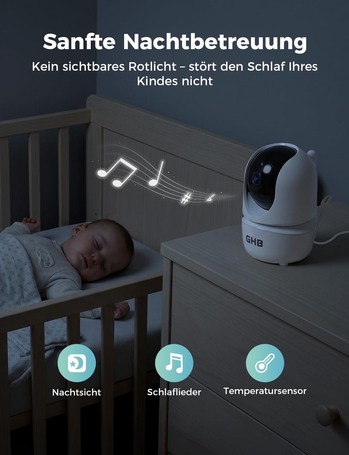 GHB Babyphone mit Kamera 5 Zoll 720P HD Display mit bis zu 168h Akkulaufzeit im VOX Schlafmodus Split-Screen-Anzeige Nachtsicht 4X Zoom Schwenkbar