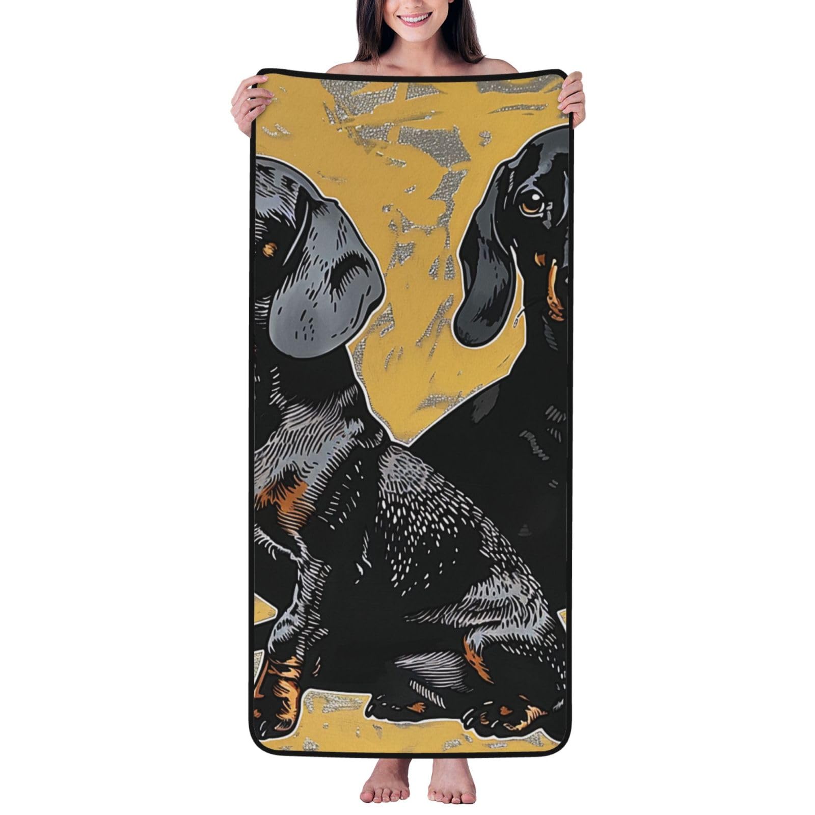 WPKJU Dachshund Printed Bath Towel with Black Edging - 27x55 in Soft Extra Absorbent Coral Velvet Shower Towels for Bathroom