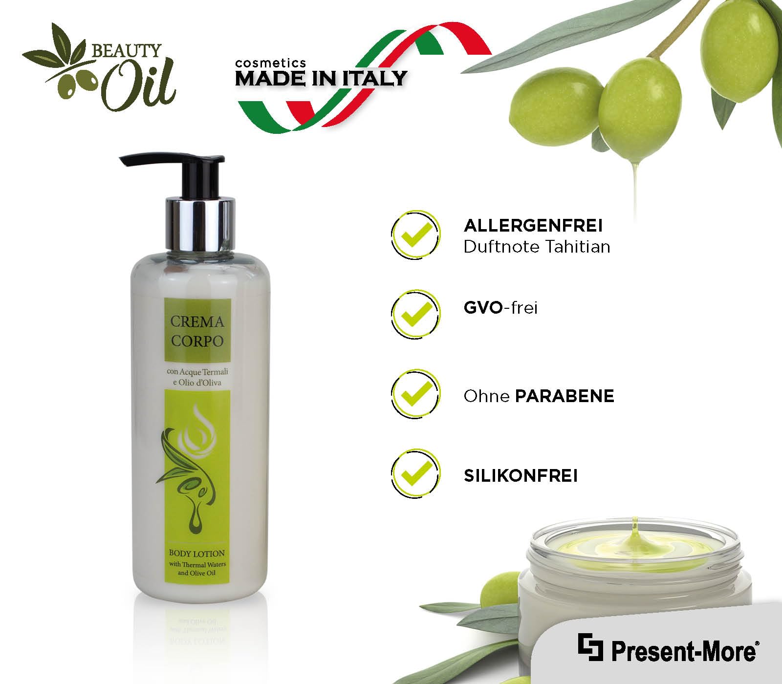 Present-More Body Lotion 300ml Beauty Oil - Körpercreme 15 Stücke für Hotels und B&B | Allergenfreie Körpercreme mit Duftnote Tahitian | Allergenfreie Body Lotion - Duft Tahitian - Made in Italy - Ideal für Hotels und B & B