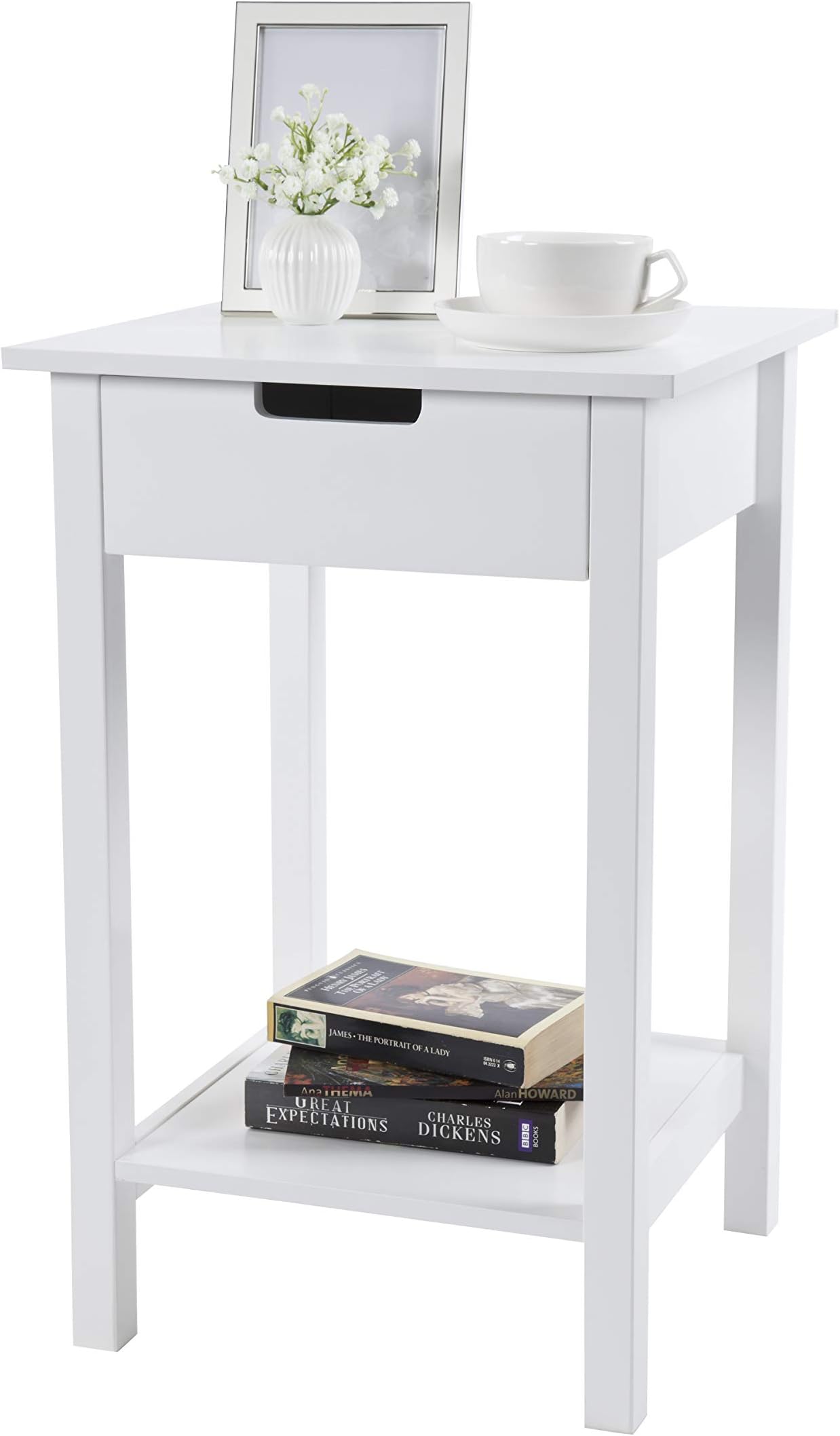 Elegant Brands White Square Wooden Bedside End Table, Contemporary Scandinavian Style with Shelf and Drawer for Storage 61H x 40D x 40W