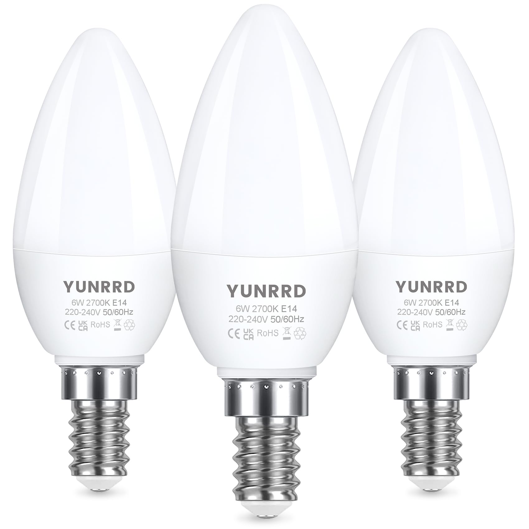 YUNRRD E14 LED Light Bulb,LED Candle Bulbs Small Screw,6W 550lm,60W Equivalent E14 SES Edison Screw in Light Bulbs,Warm White 2700K,Energy Saving Candle Light Bulbs,220-240V,Non-Dimmable,Pack of 3