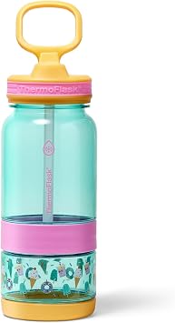 ThermoFlask 14 oz 2-in-1 Snack and Sip Durable Tritan Bottle with Integrated Snack Cup Compartment - Leakproof Folding Straw Lid - Protective Bumper - Teal Treats - BPA-Free