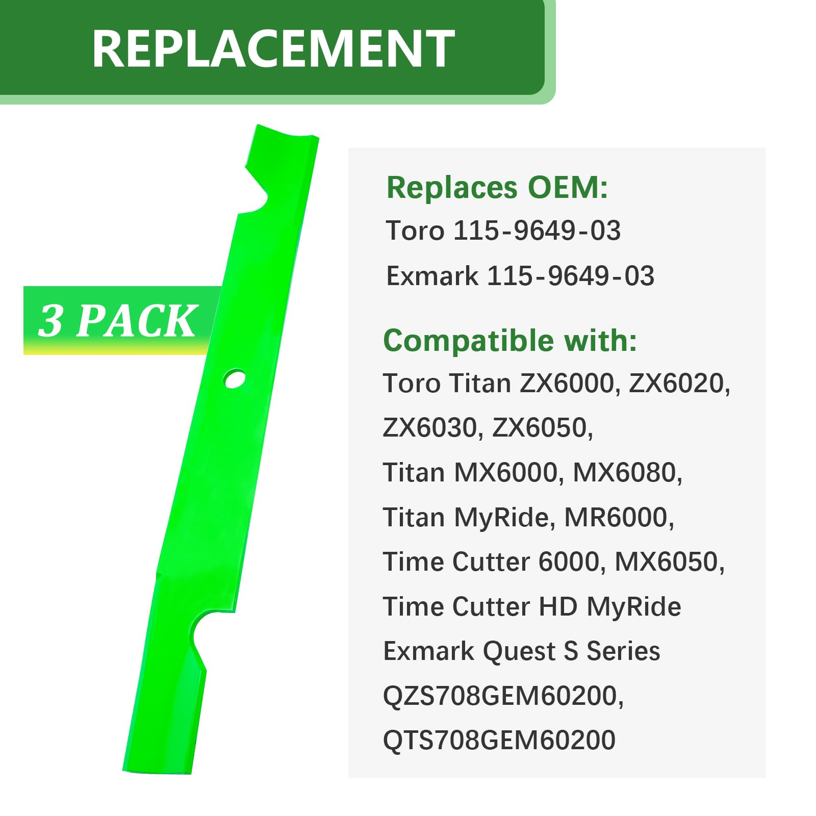 (Cuchilla de cortacésped con muescas de alta elevación de repuesto 115-9649-03 compatible con cortador de tiempo ro Titan ZX MX de 60 pulgadas (paquete de 3)
