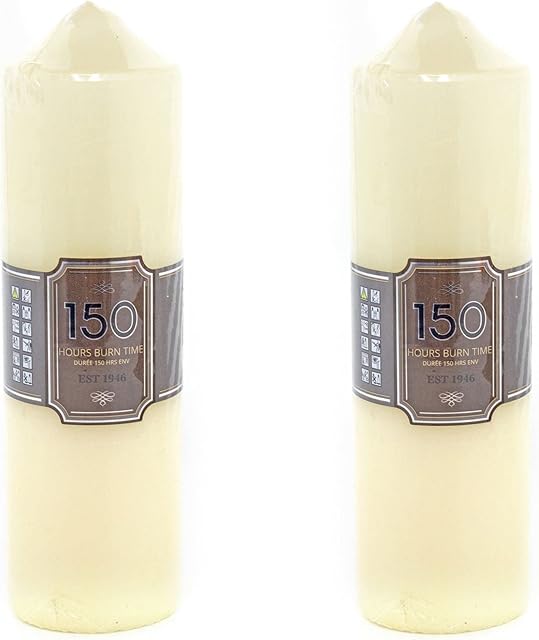 Pack of 2 x 150 Hour Cream Church Pillar Candle | 24cm x 7cm Ivory Cream Candle Block Candle | Unscented Tall Votive Lantern Candle