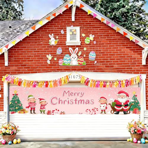 Image of Pink Merry Christmas Banner 78.7 x 17.7 Inch Santa and Elf with Christmas Tree Candy and Gift Box Design Festive Holiday Decoration for Home Yard Garden Wall or Indoor Celebration Display