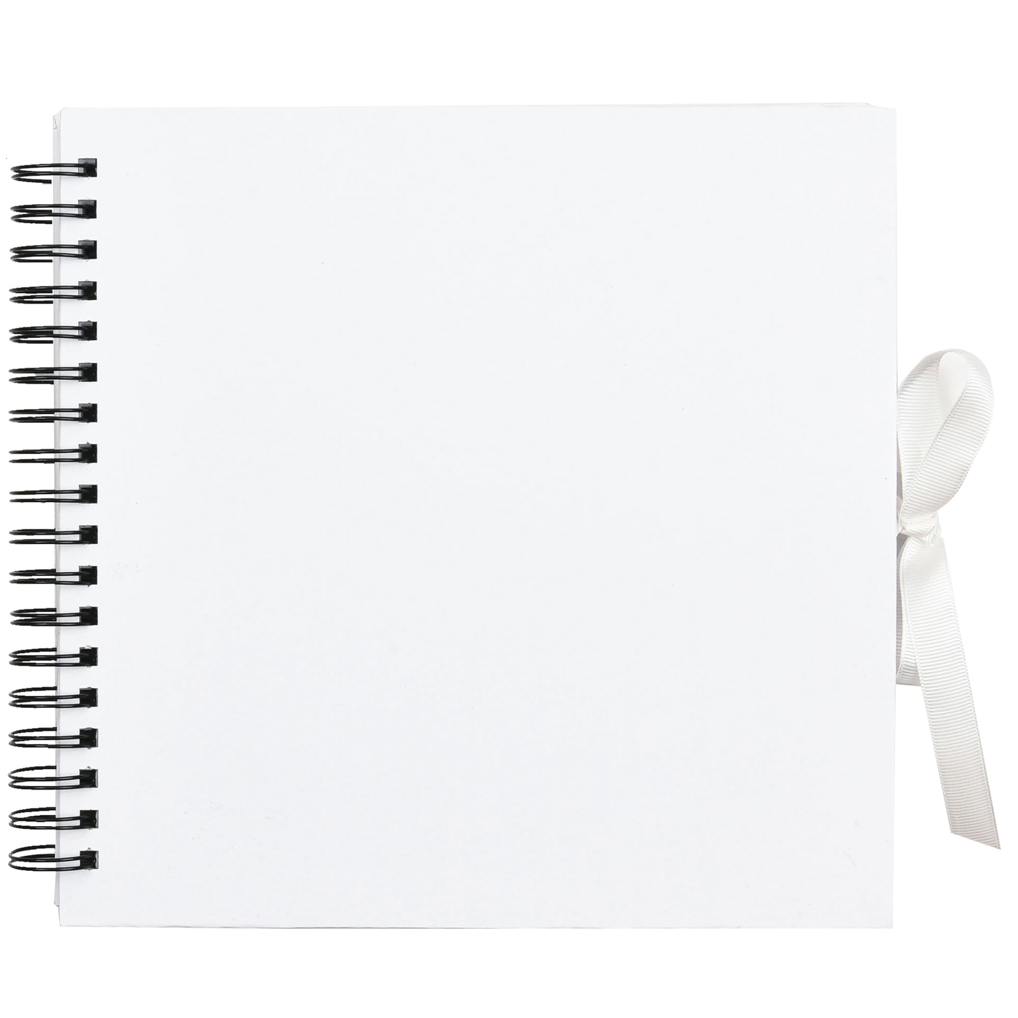 ARPAN Spiral Bound Scrapbook Album, 50 Sheets/100 Pages 200 GSM Paper, DIY Photo Album Memory Book with Ribbon Closure 26 x 25.5 cm for Art Work, Wedding, Baby & Travel (White Cover - White Sheet)
