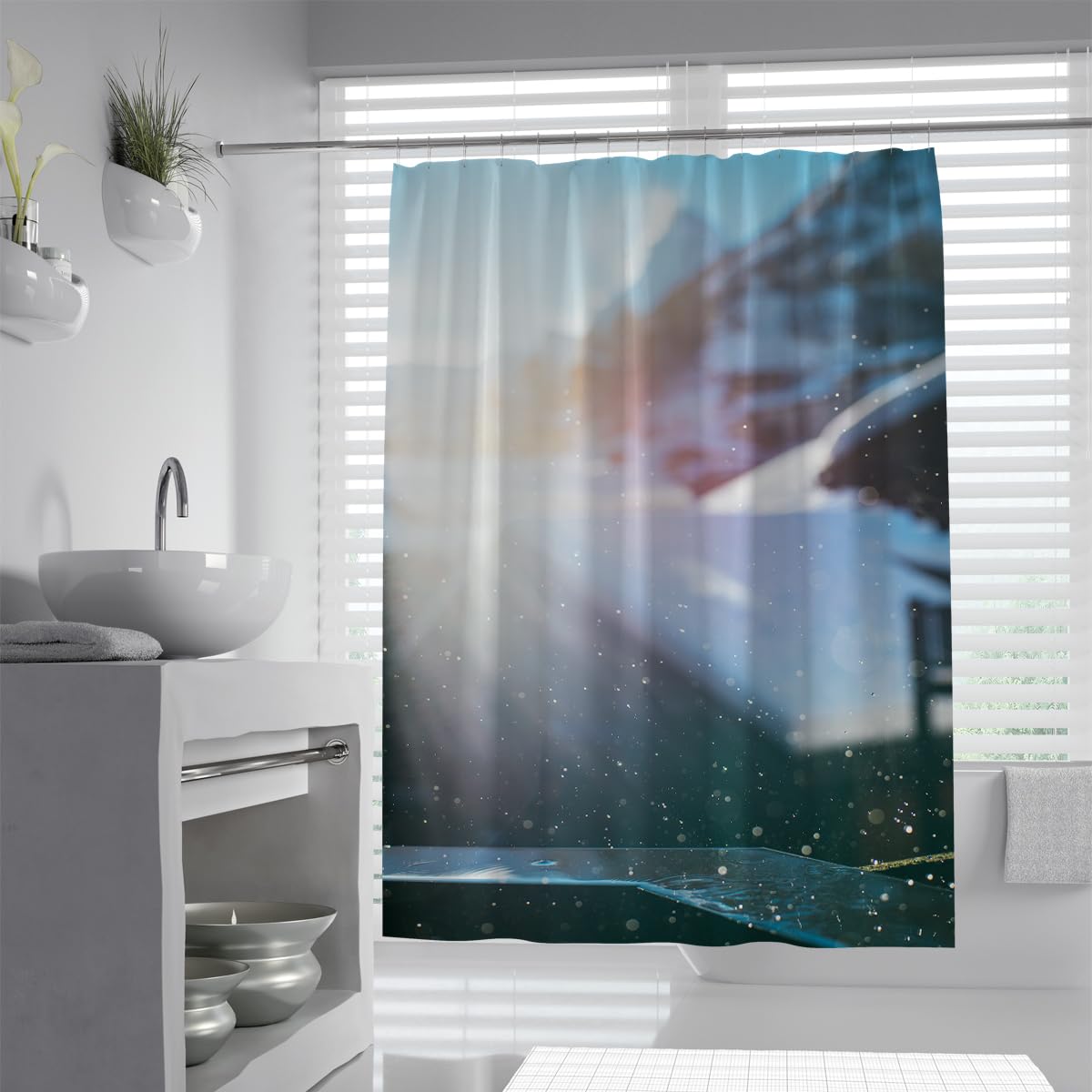 UIRINGART Abstract Rainy Window Bath Curtain W180xL220cm Blurred City Street Raindrops Waterproof Fast Drying Bathroom Enclosure with Hooks