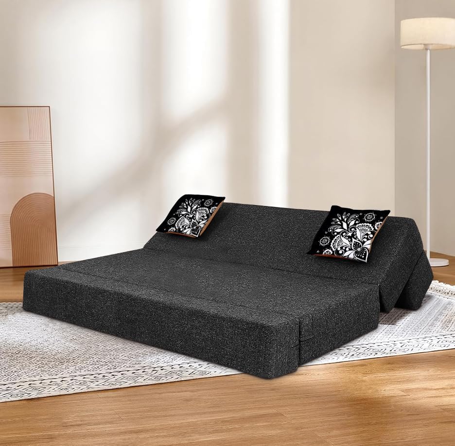 Image of Rosebell Two Seater Sofa Cum Bed | Jute Fabric Washable Cover | with Cushions Perfect for Guest | Black-Color | 4' X 6' Feet