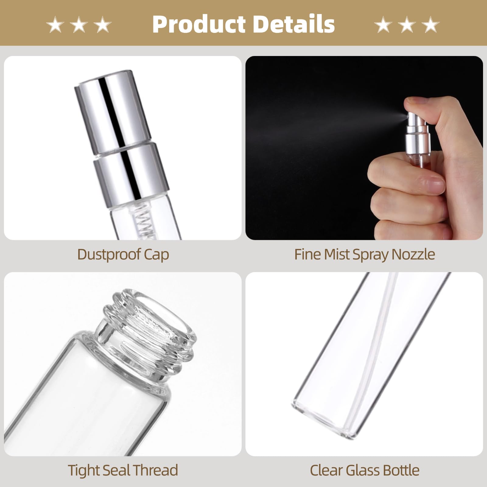 50 Stk. 10 ml Sprühflaschen, Mini Klare Glas Parfümflaschen mit Tropfer, Trichter, Transferwerkzeug, Tragbare Nachfüllbare Sprühbehälter, Feiner Nebel Leere Ätherische Öl Flaschen für Zuhause Reisen