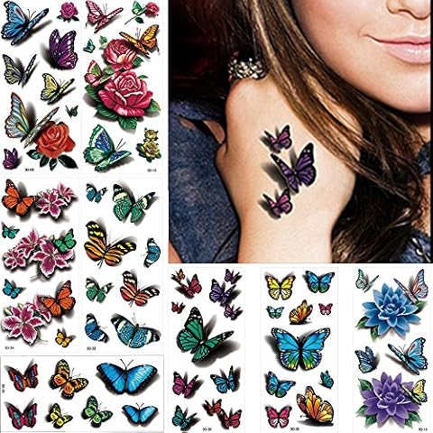 Glaryyears 3D Butterfly Tattoos for Women Girls, 8-Pack Floral Design Variety Pack Fake Tattoos Sticker, DIY Long-lasting Realistic Tattoos that look real, Sexy for Body Chest Hand Decal Arm Leg Cover