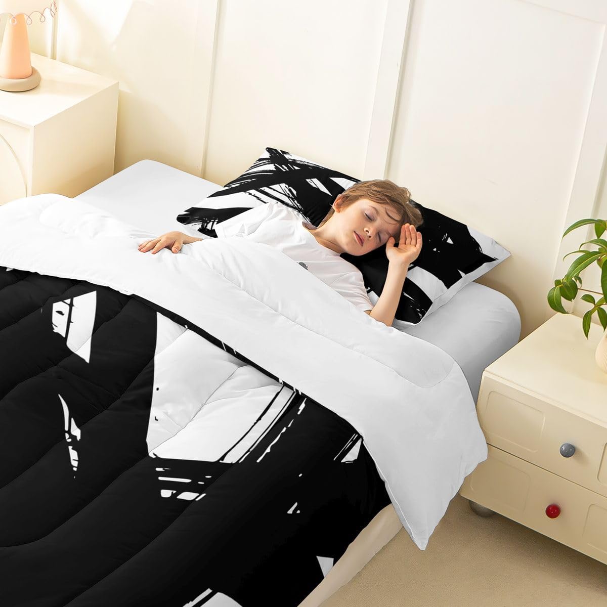 jejeloiu Black and White Comforter Set Twin Size， Abstarct Bedding Set for Kids Boys Girls Modern Stripe Neutral Art Duvet Quilt Bedroom Decor Microfiber 2 Pcs with 1 Pillow Cases
