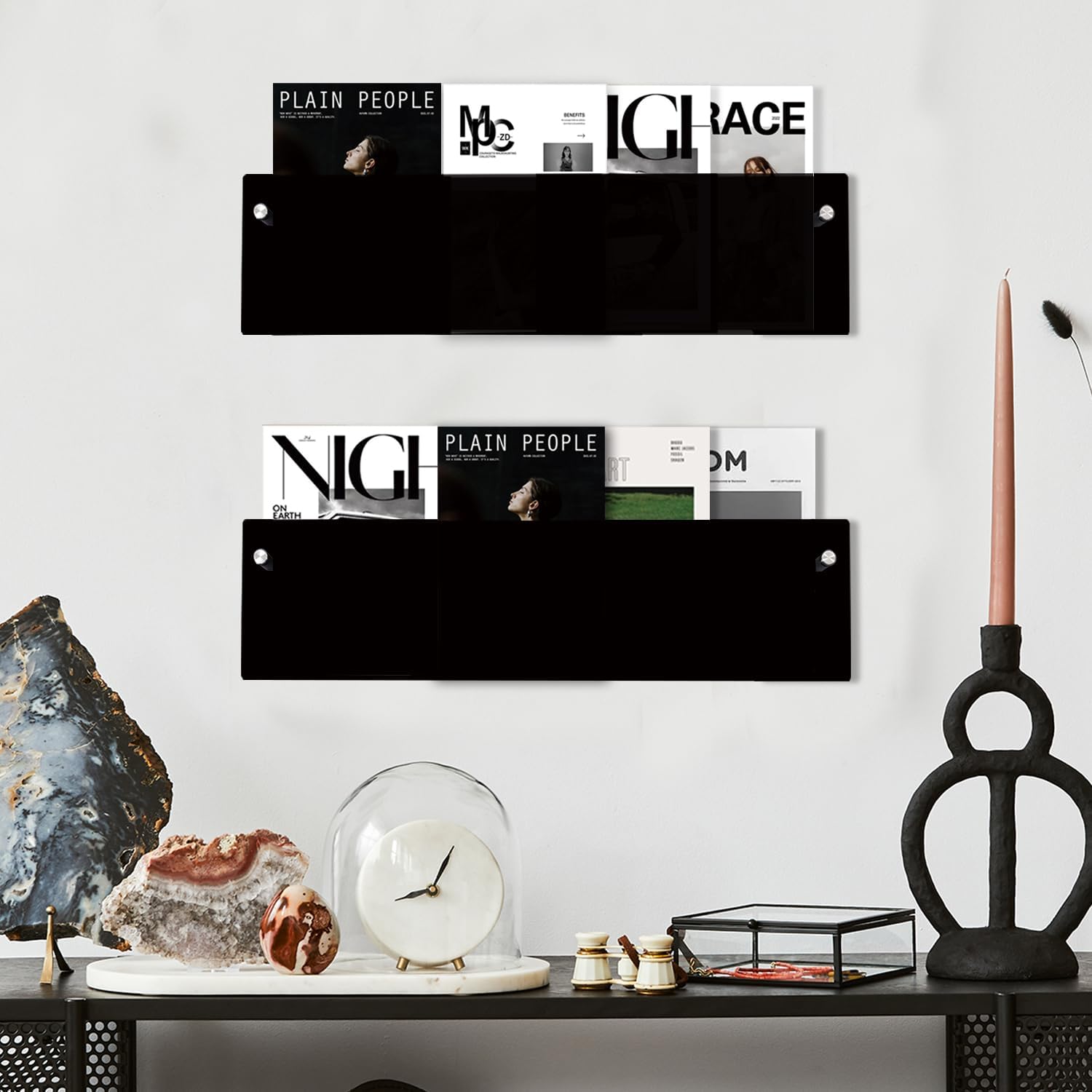 2-Pack 24 Inch Black Acrylic Magazine Holder, Wall Mounted Magazine Rack & Floating Bookshelf, Modern Vinyl Records Holder, Nursery Book Shelves for Kids Room, Living Room, Office, with Mounting Kit