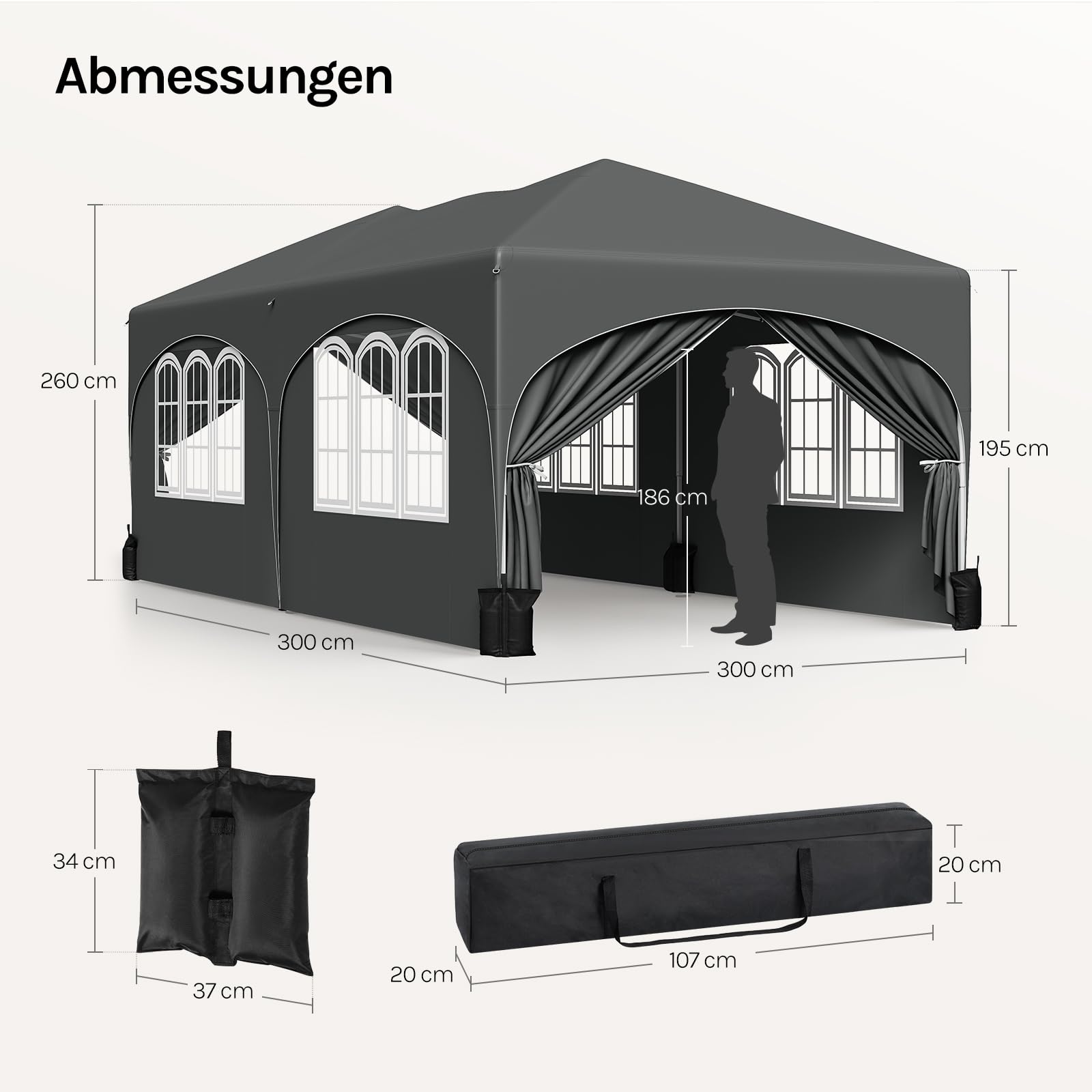 WOLTU Pavillon mit 6 Seitenteilen 4 Sandsäcke, Faltpavillon 3x6m mit Halbmonddach Tragetasche, Gartenpavillon wasserfest stabil UV-Schutz, Partyzelt Outdoor höhenverstellbar, Grau