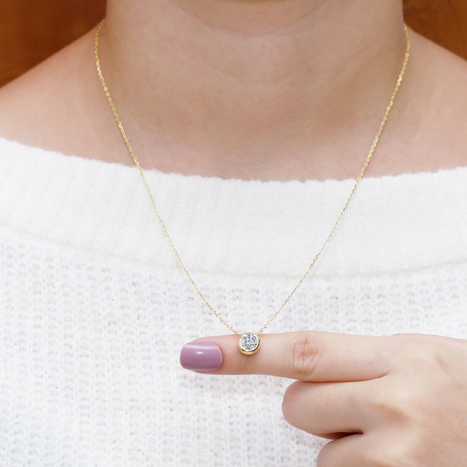 SAVEARTH DIAMONDS Solitaire Pendant Necklace for Women 6.5MM Round Lab Created Moissanite & Lab Grown Diamond Bezel Set Pendant in 14k Gold Over Sterling Silver jewelry Gift For Her - Image 3