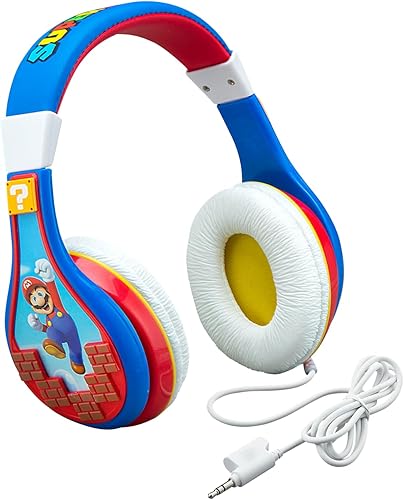 eKids Super Mario - Audífonos para niños, diadema ajustable, sonido estéreo, conector de 3.5mm, audífonos con cable para niños, sin enredos, control